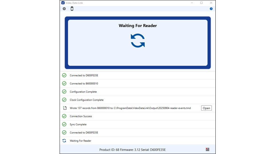 Screenshot of Videx Data Link software